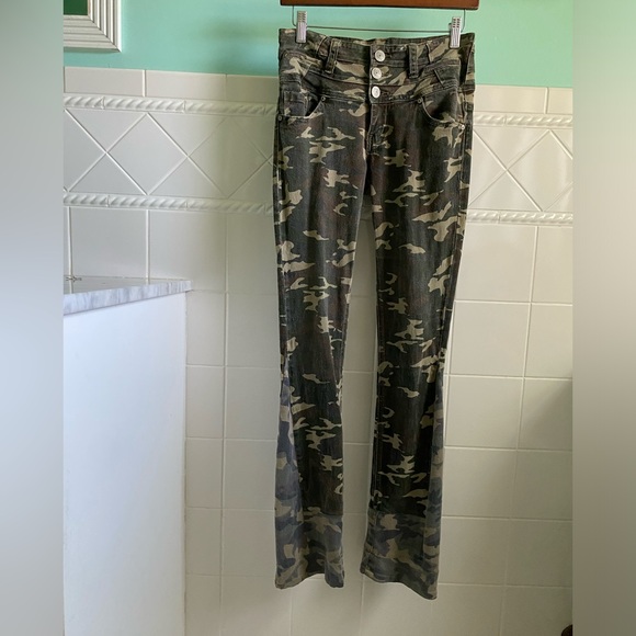 Camo Stretch Denim Flare Pants - Picture 1 of 9